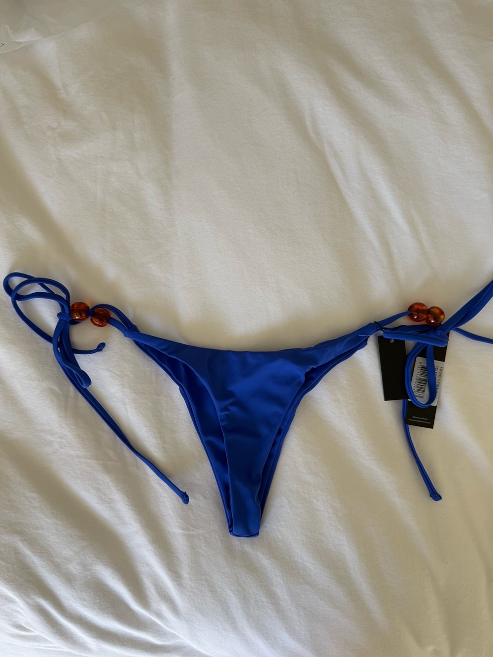 Lioness Tie-Side Thong Bikini Bottom with Amber Beads